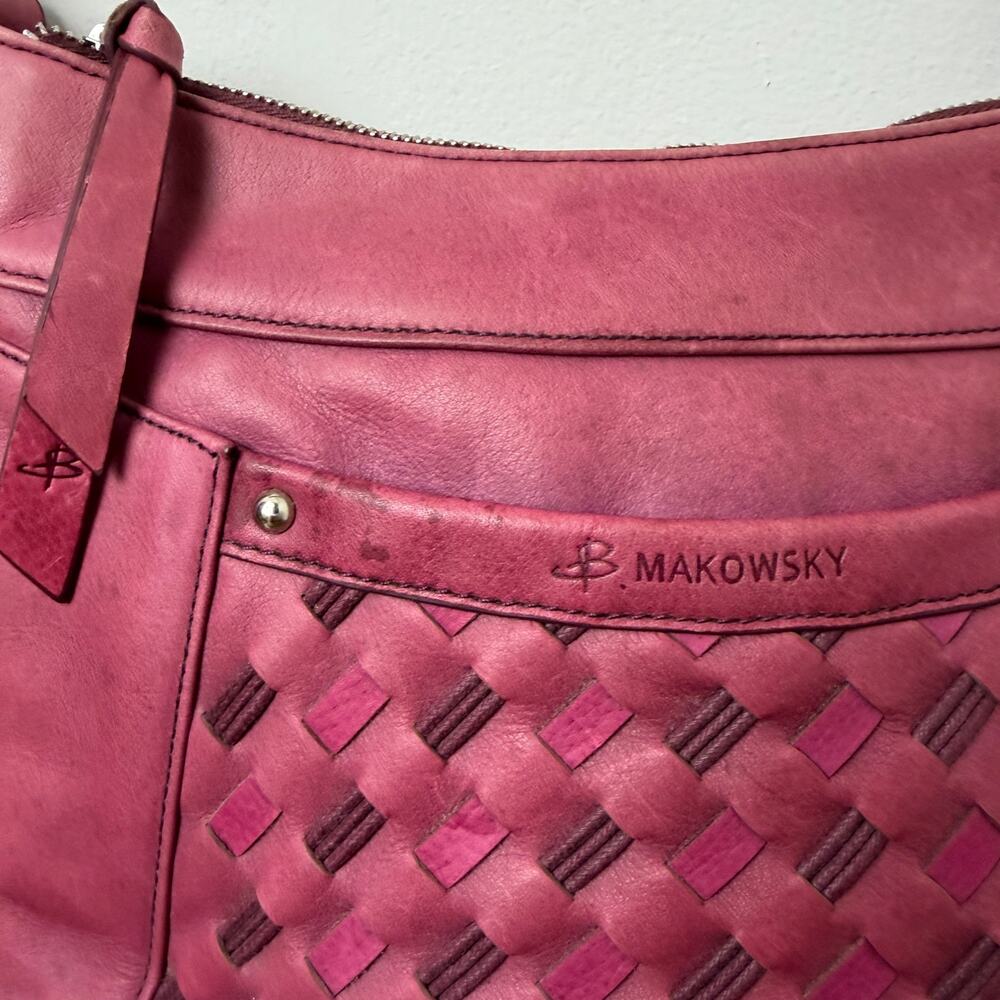 B Makowsky Pink Leather Shoulder Bag Woven Front Hobo Purse Zip Y2K - Picture 3 of 7